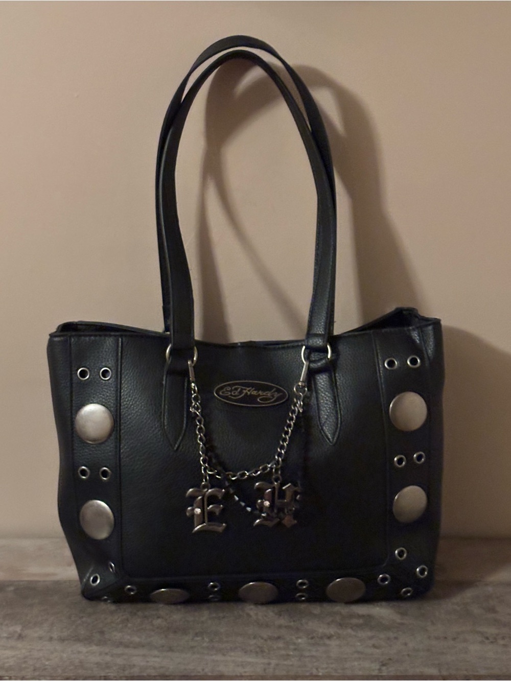 Ed Hardy Black Studded Shoulder Tote with Chain Charm